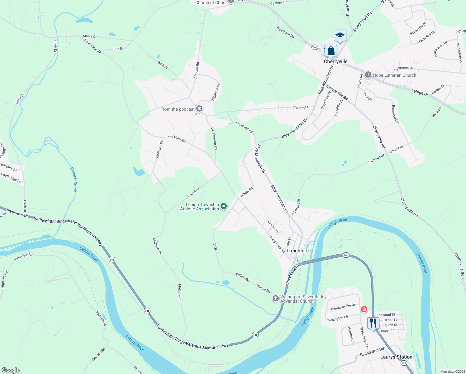 map of restaurants, bars, coffee shops, grocery stores, and more near 467 Willow Road in Walnutport
