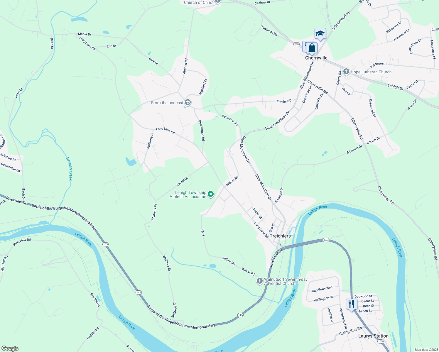 map of restaurants, bars, coffee shops, grocery stores, and more near 448 Long Lane Road in Walnutport
