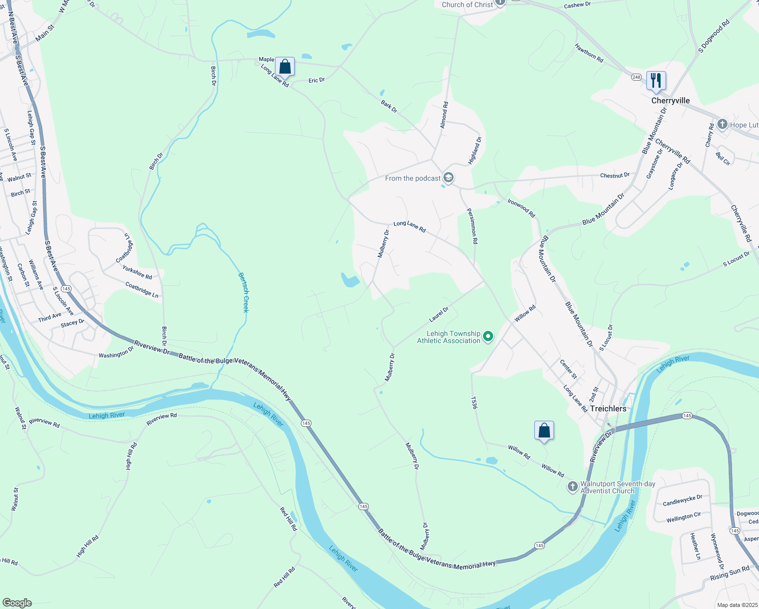 map of restaurants, bars, coffee shops, grocery stores, and more near 471 Mulberry Drive in Walnutport