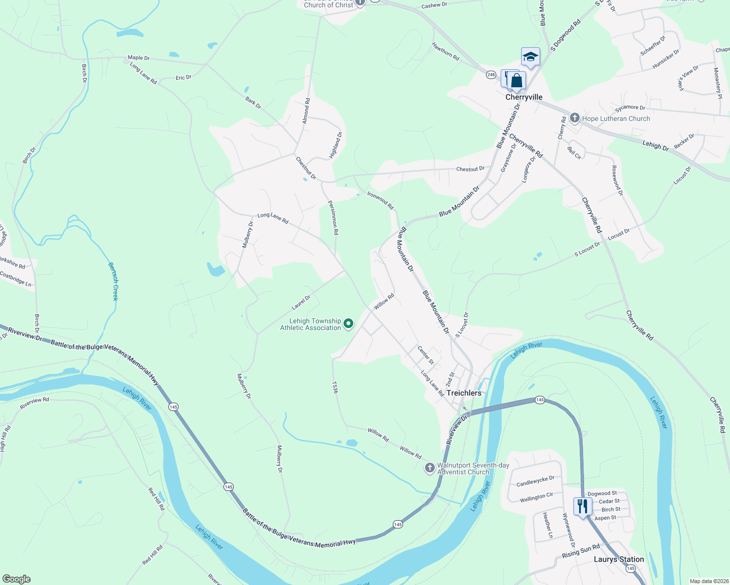 map of restaurants, bars, coffee shops, grocery stores, and more near 467 Willow Road in Walnutport