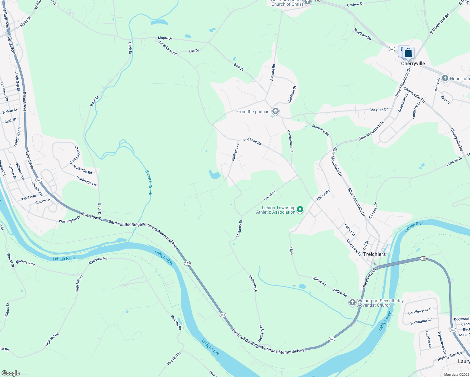 map of restaurants, bars, coffee shops, grocery stores, and more near 471 Mulberry Drive in Walnutport