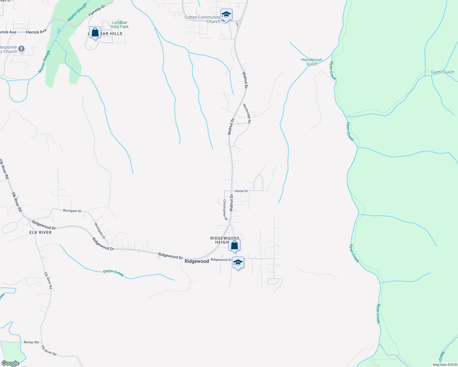 map of restaurants, bars, coffee shops, grocery stores, and more near 5750 Walnut Drive in Eureka