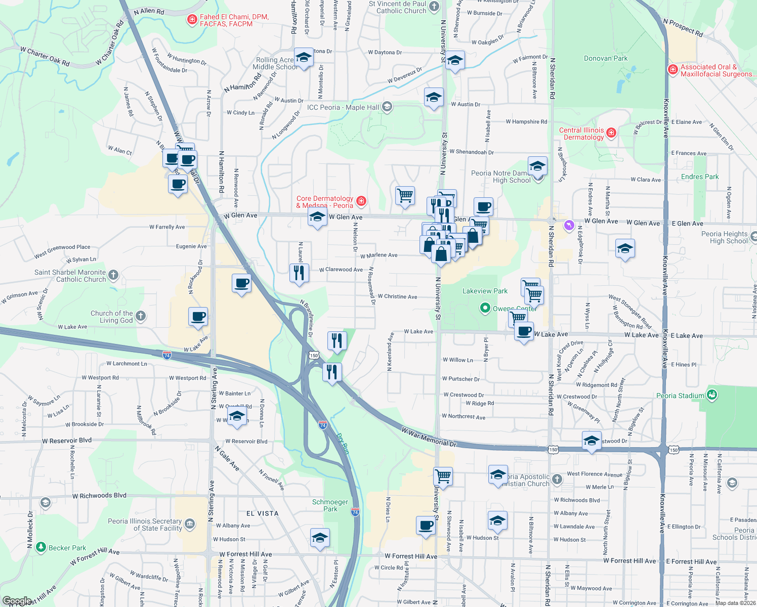 map of restaurants, bars, coffee shops, grocery stores, and more near 4414 N Rosemead Dr in Peoria