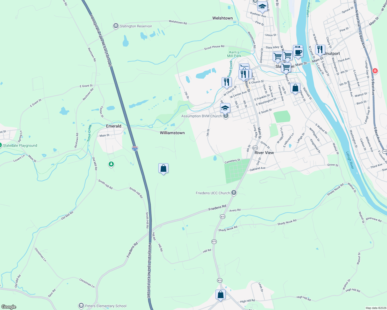map of restaurants, bars, coffee shops, grocery stores, and more near 3012 Beddall St in Slatington