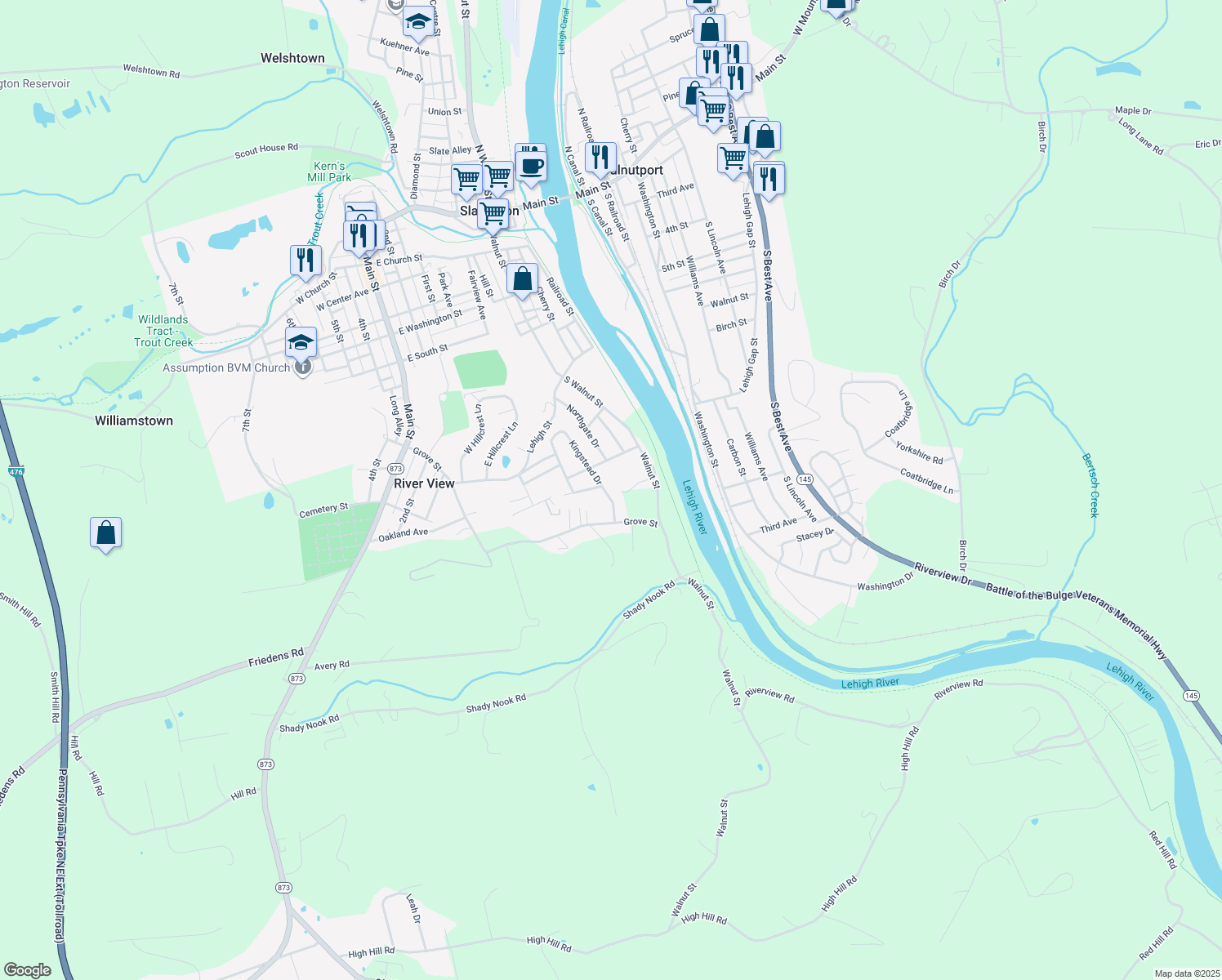 map of restaurants, bars, coffee shops, grocery stores, and more near 7165 Kingstead Dr in Slatington