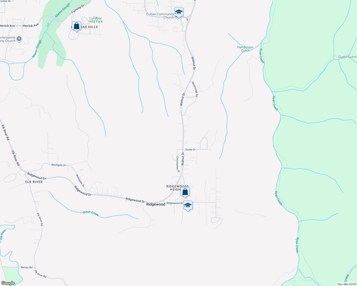 map of restaurants, bars, coffee shops, grocery stores, and more near 5750 Walnut Drive in Eureka
