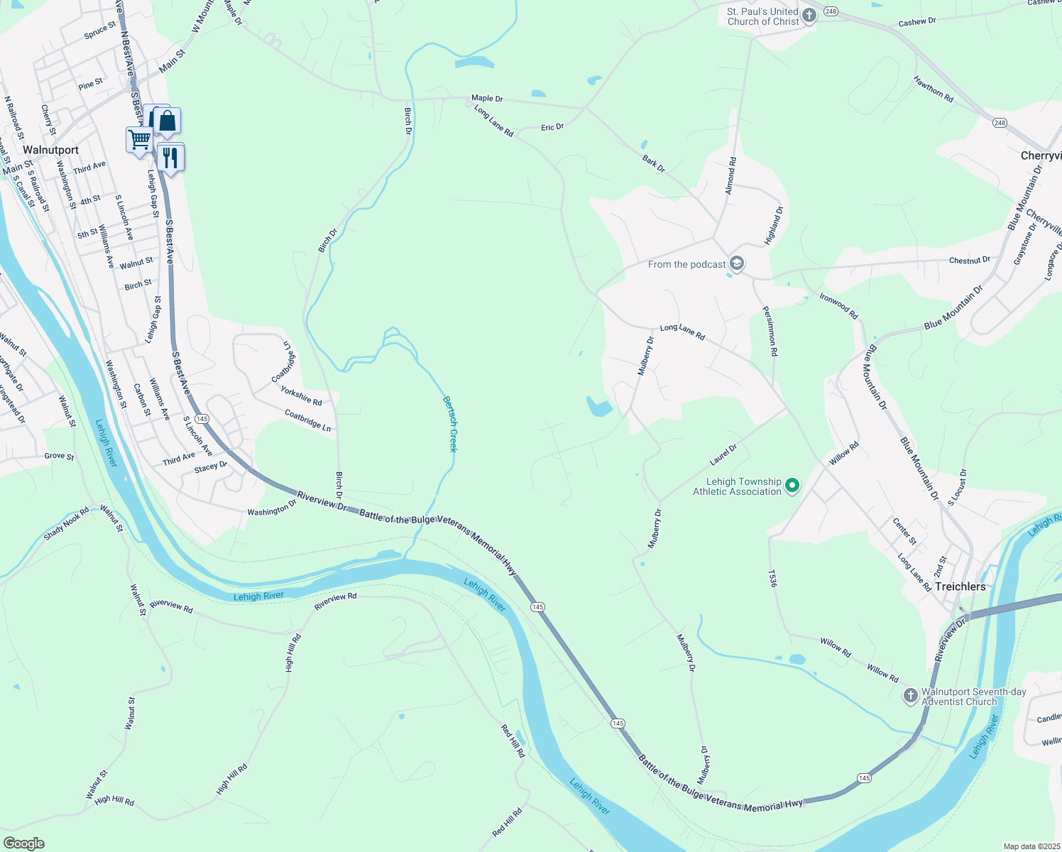 map of restaurants, bars, coffee shops, grocery stores, and more near 4660 Park Lane in Walnutport