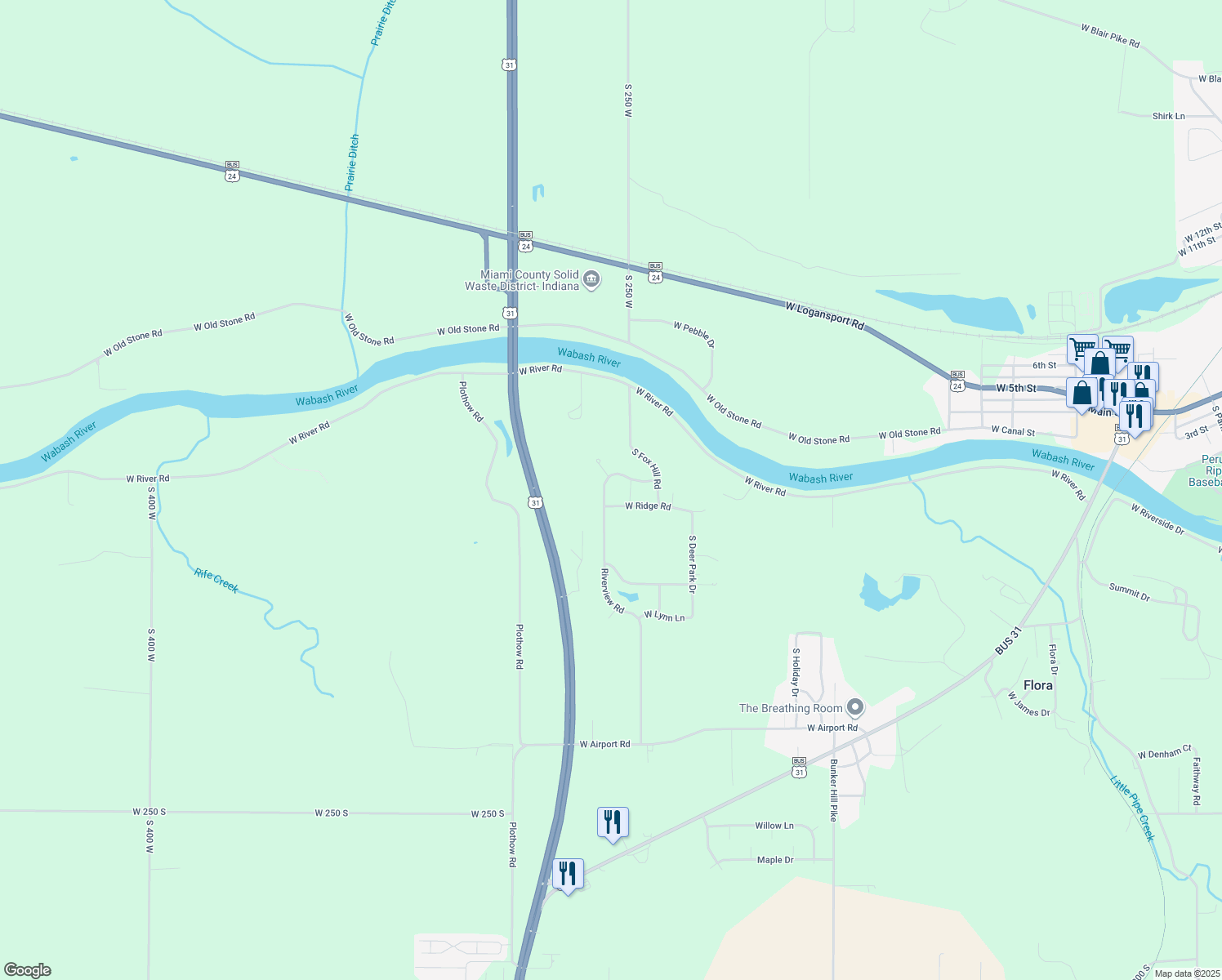 map of restaurants, bars, coffee shops, grocery stores, and more near 1727 Riverview Road in Peru