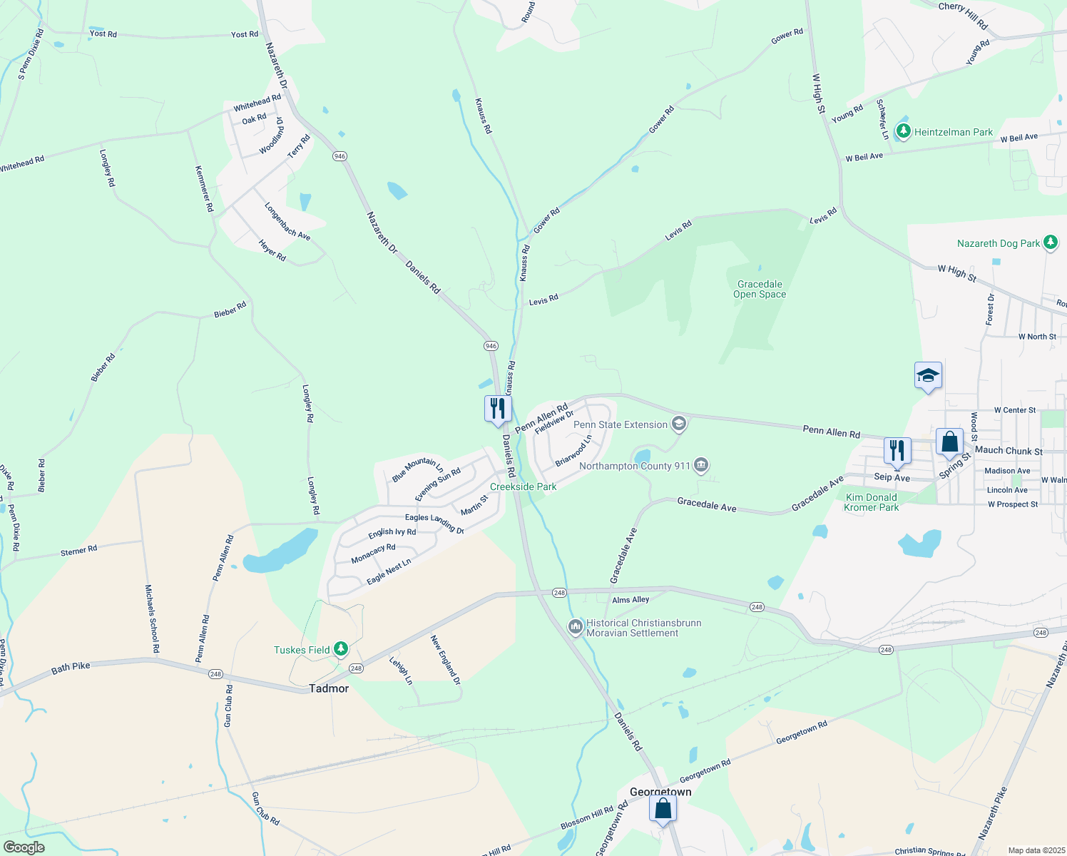 map of restaurants, bars, coffee shops, grocery stores, and more near 2061 Fieldview Drive in Nazareth