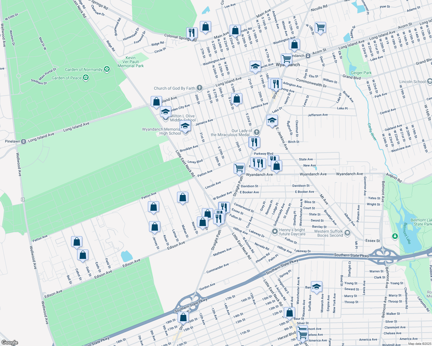 map of restaurants, bars, coffee shops, grocery stores, and more near 92 Patton Avenue in Wyandanch