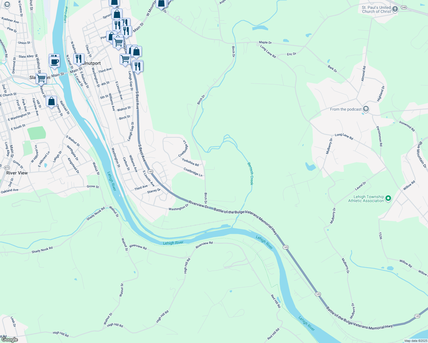 map of restaurants, bars, coffee shops, grocery stores, and more near 470 Birch Drive in Walnutport