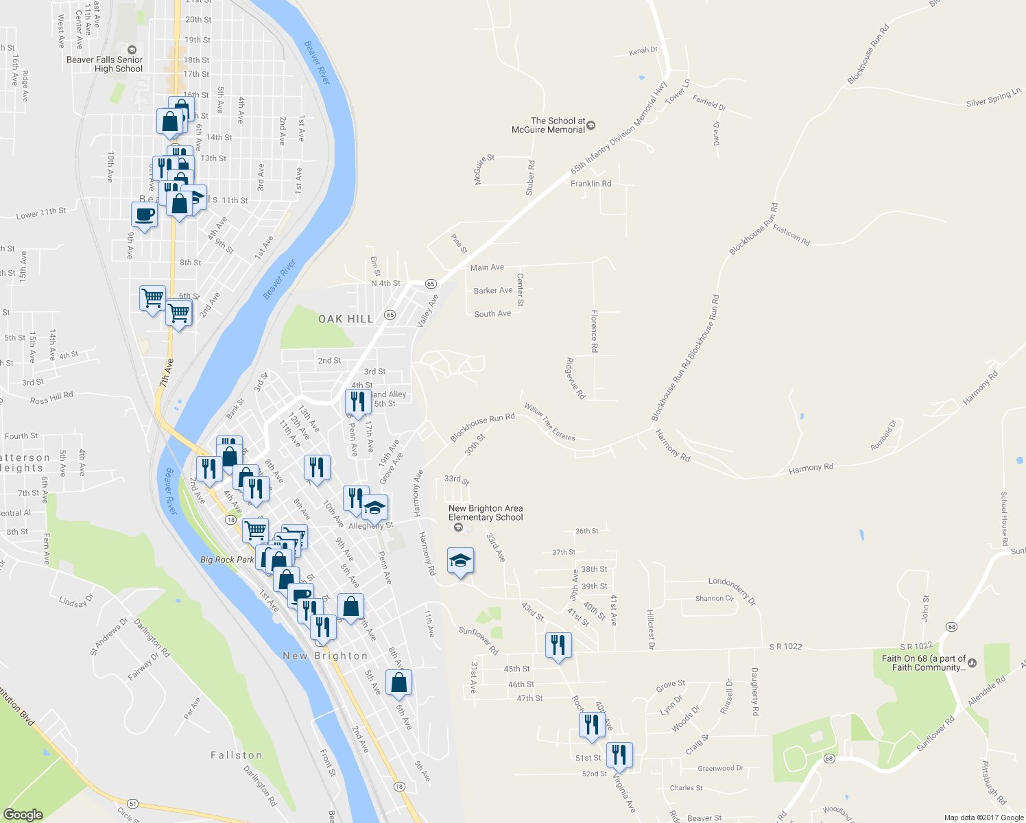 map of restaurants, bars, coffee shops, grocery stores, and more near 476 Blockhouse Run Road in New Brighton