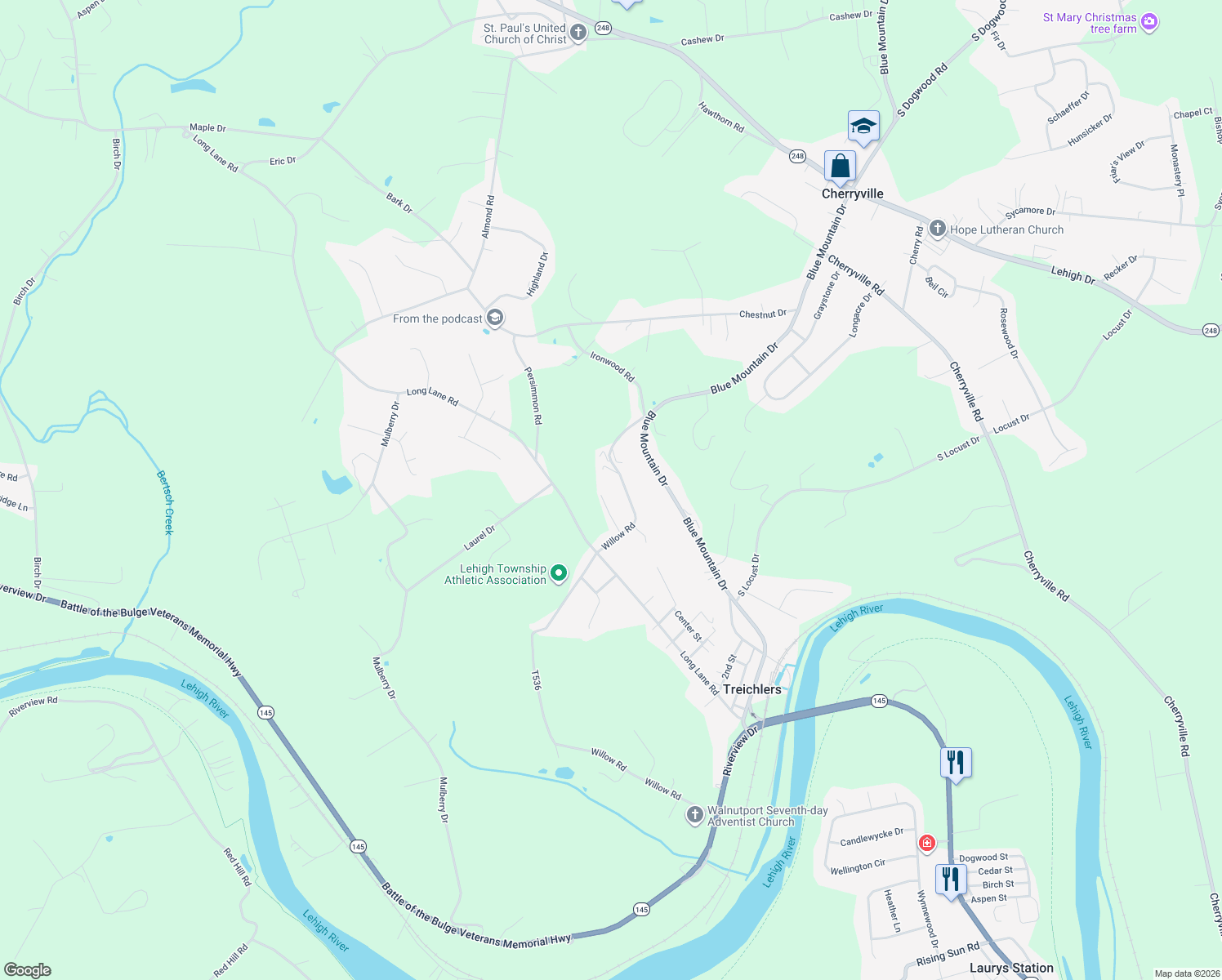 map of restaurants, bars, coffee shops, grocery stores, and more near 467 Willow Road in Walnutport