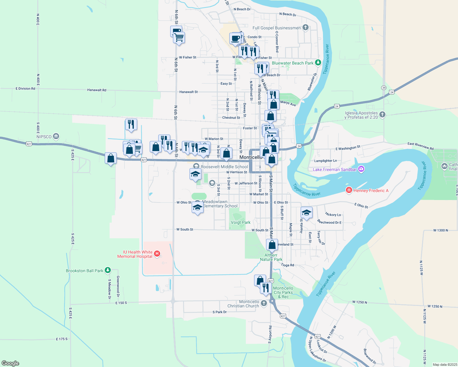 map of restaurants, bars, coffee shops, grocery stores, and more near 299 South 2nd Street in Monticello