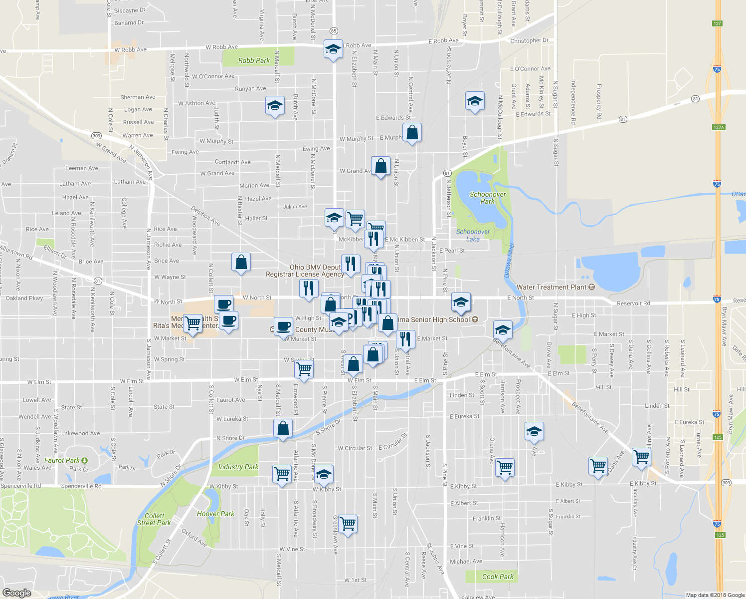 map of restaurants, bars, coffee shops, grocery stores, and more near in Lima