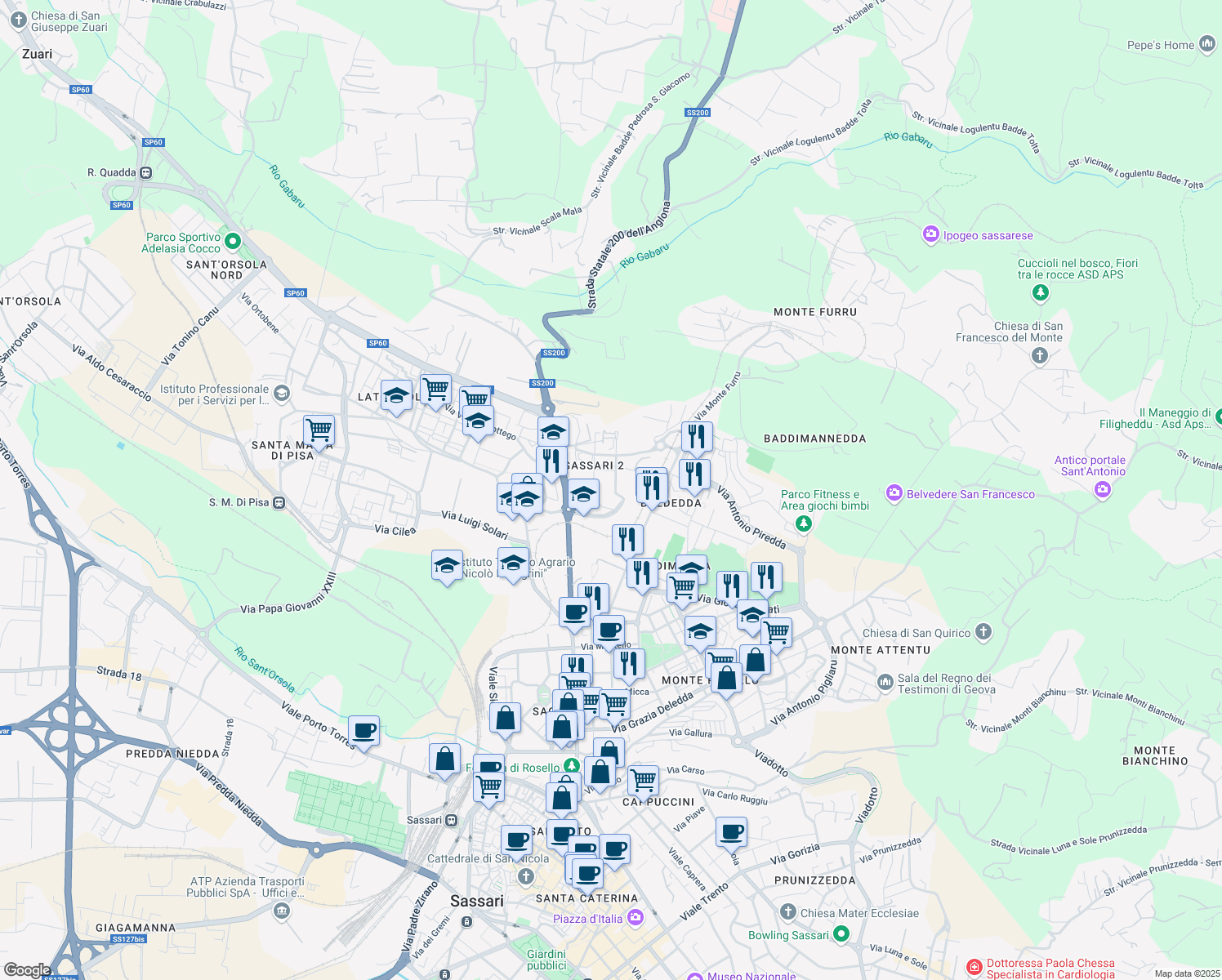 map of restaurants, bars, coffee shops, grocery stores, and more near Via Sandro Pertini in Sassari