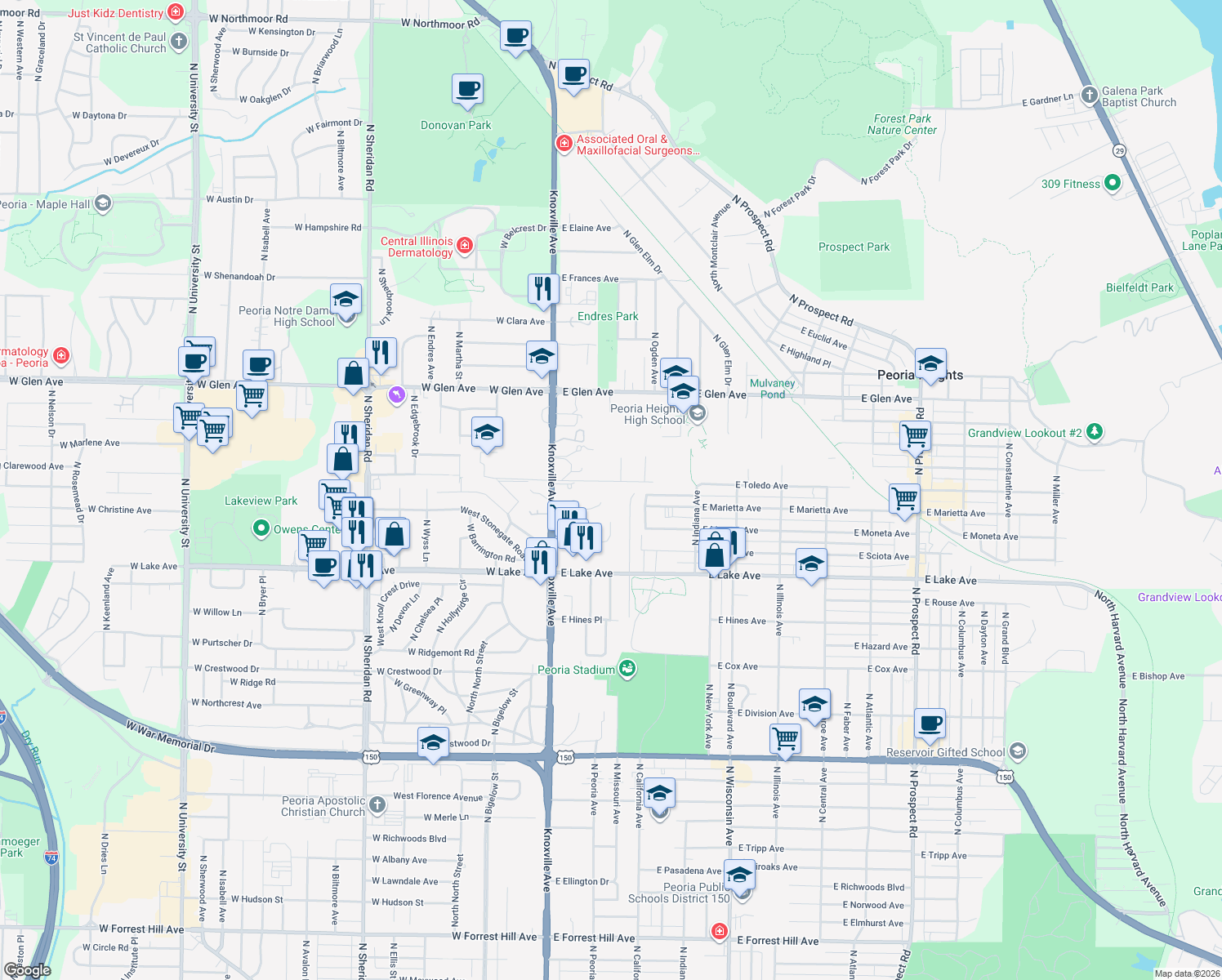 map of restaurants, bars, coffee shops, grocery stores, and more near 232 E Lyndale Rd in Peoria