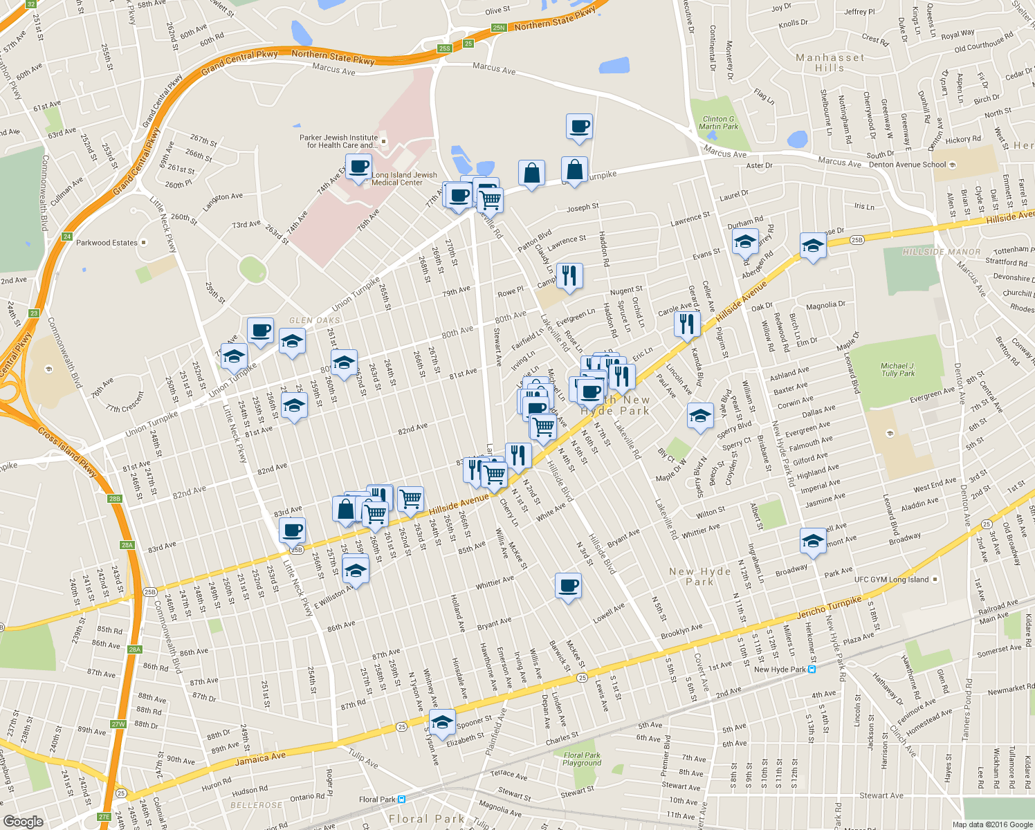map of restaurants, bars, coffee shops, grocery stores, and more near 53 Peter Lane in New Hyde Park