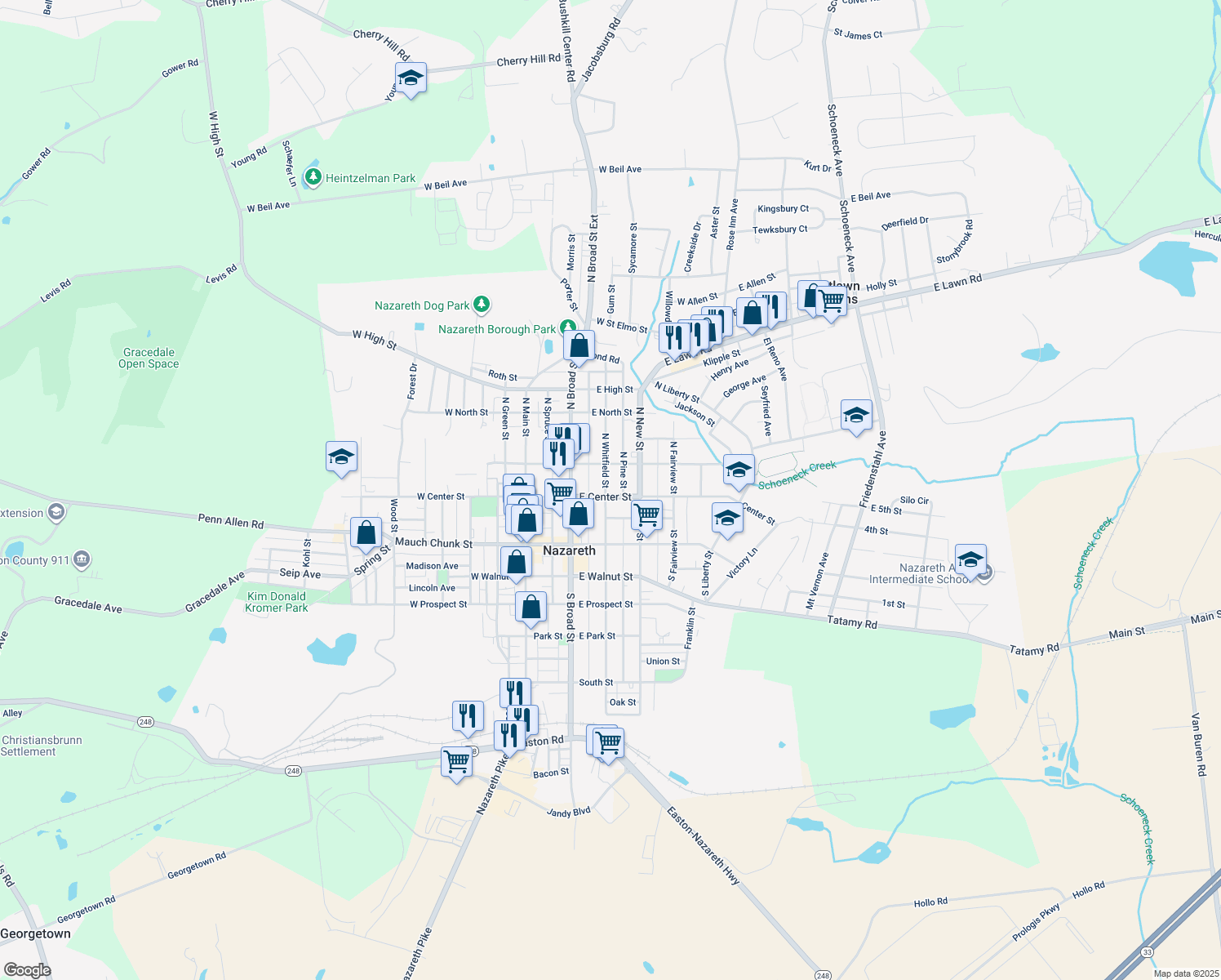 map of restaurants, bars, coffee shops, grocery stores, and more near 203 East Center Street in Nazareth