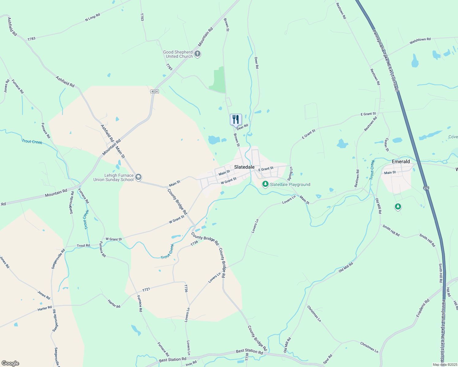 map of restaurants, bars, coffee shops, grocery stores, and more near 4102 West Grant Street in Slatington