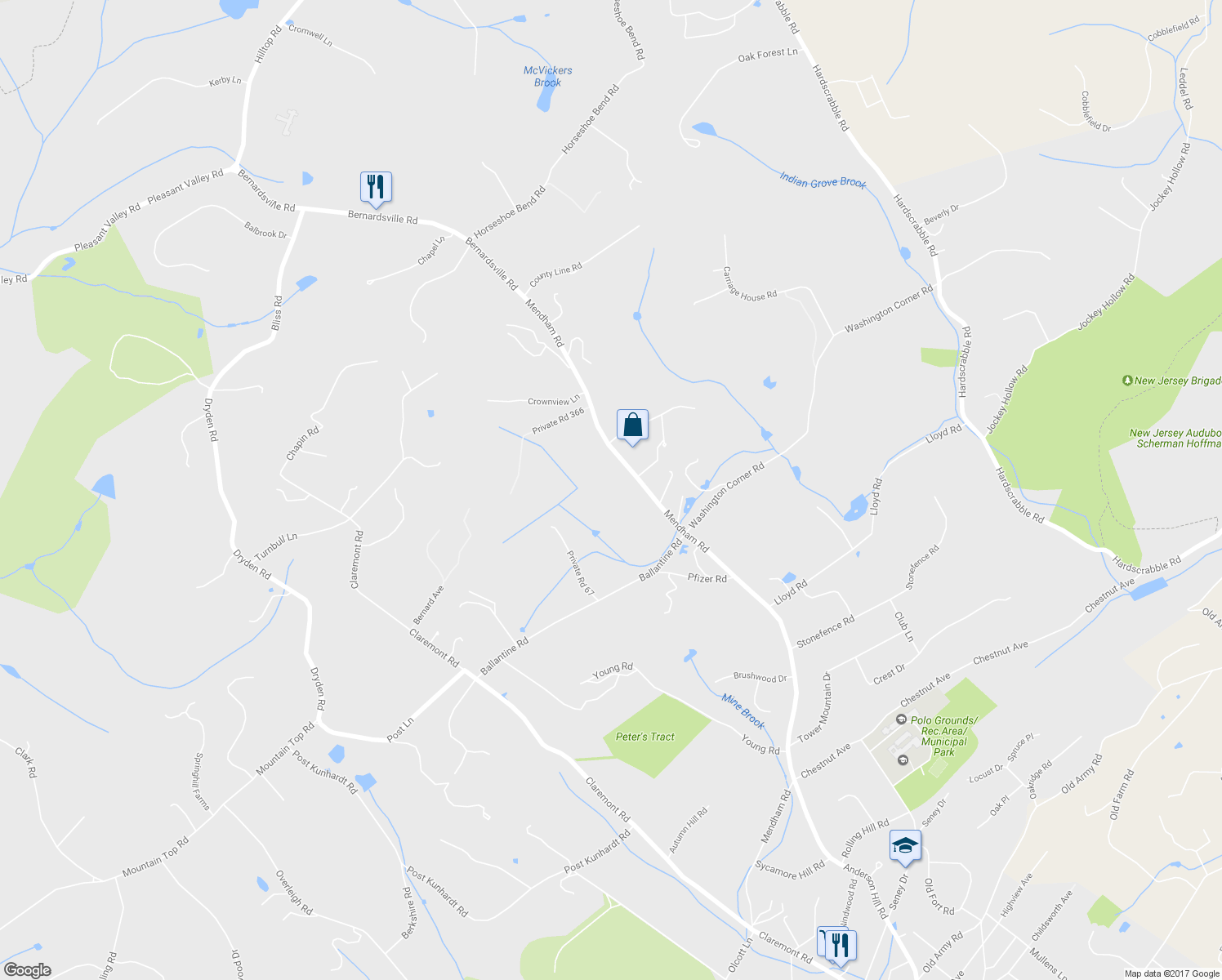 map of restaurants, bars, coffee shops, grocery stores, and more near 300 Mendham Rd in Bernardsville