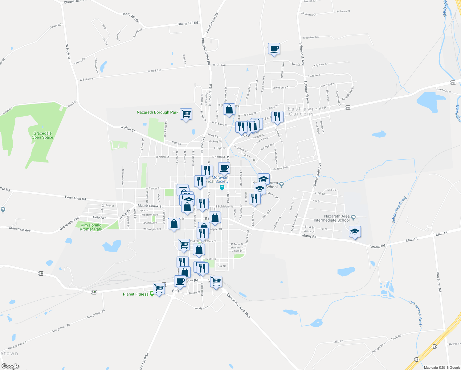 map of restaurants, bars, coffee shops, grocery stores, and more near 305 East Center Street in Nazareth