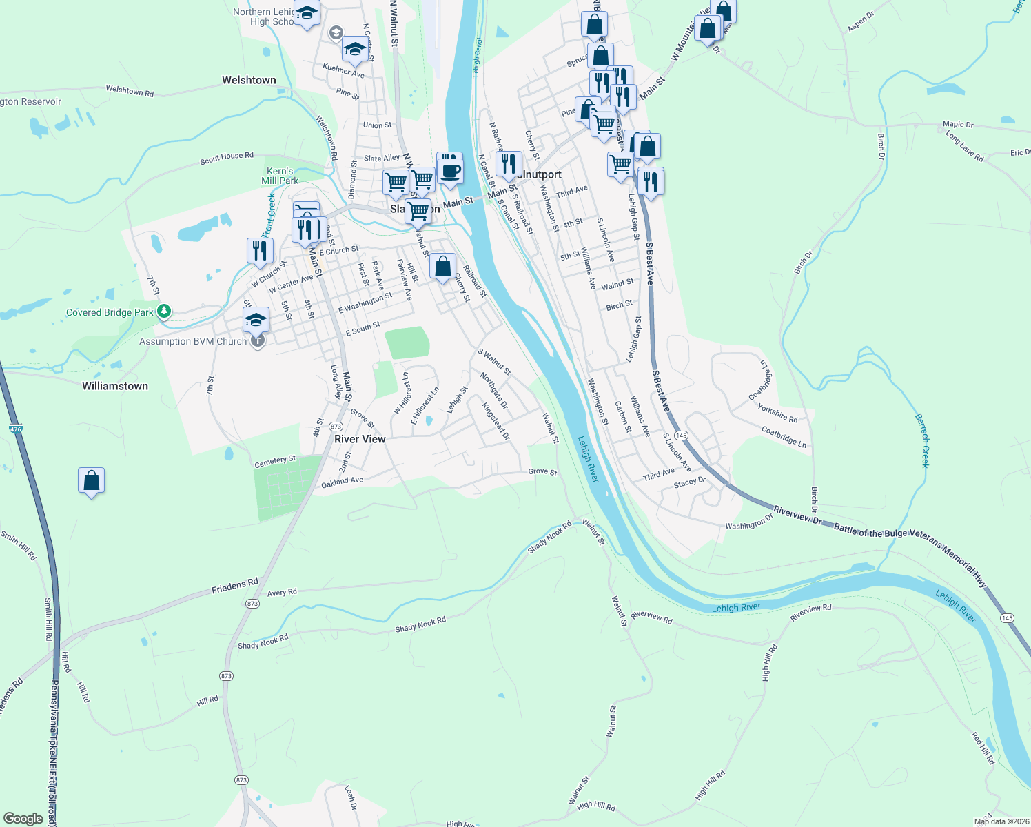 map of restaurants, bars, coffee shops, grocery stores, and more near 7209 Northgate Dr in Slatington