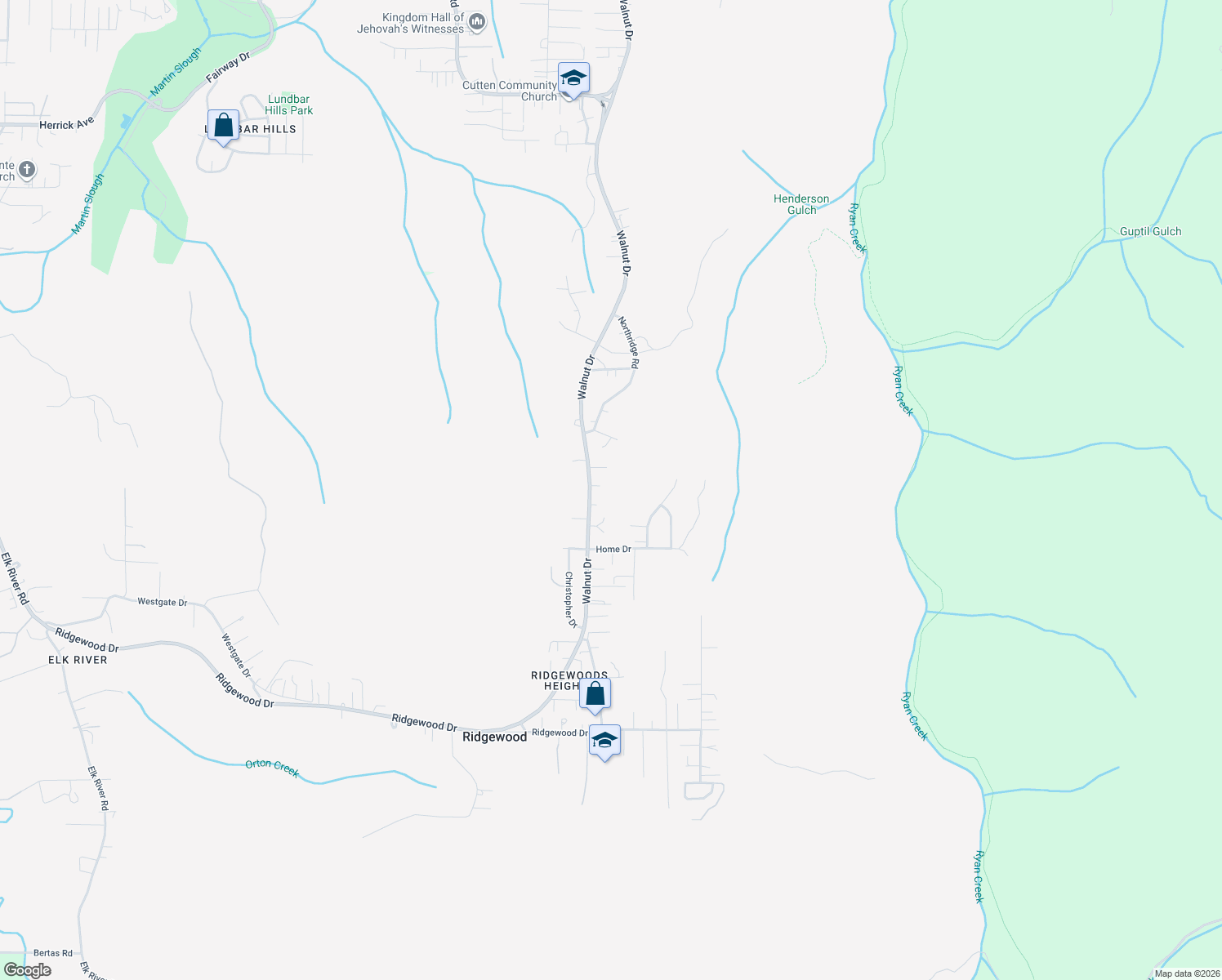 map of restaurants, bars, coffee shops, grocery stores, and more near 2155 Woodcrest Court in Eureka