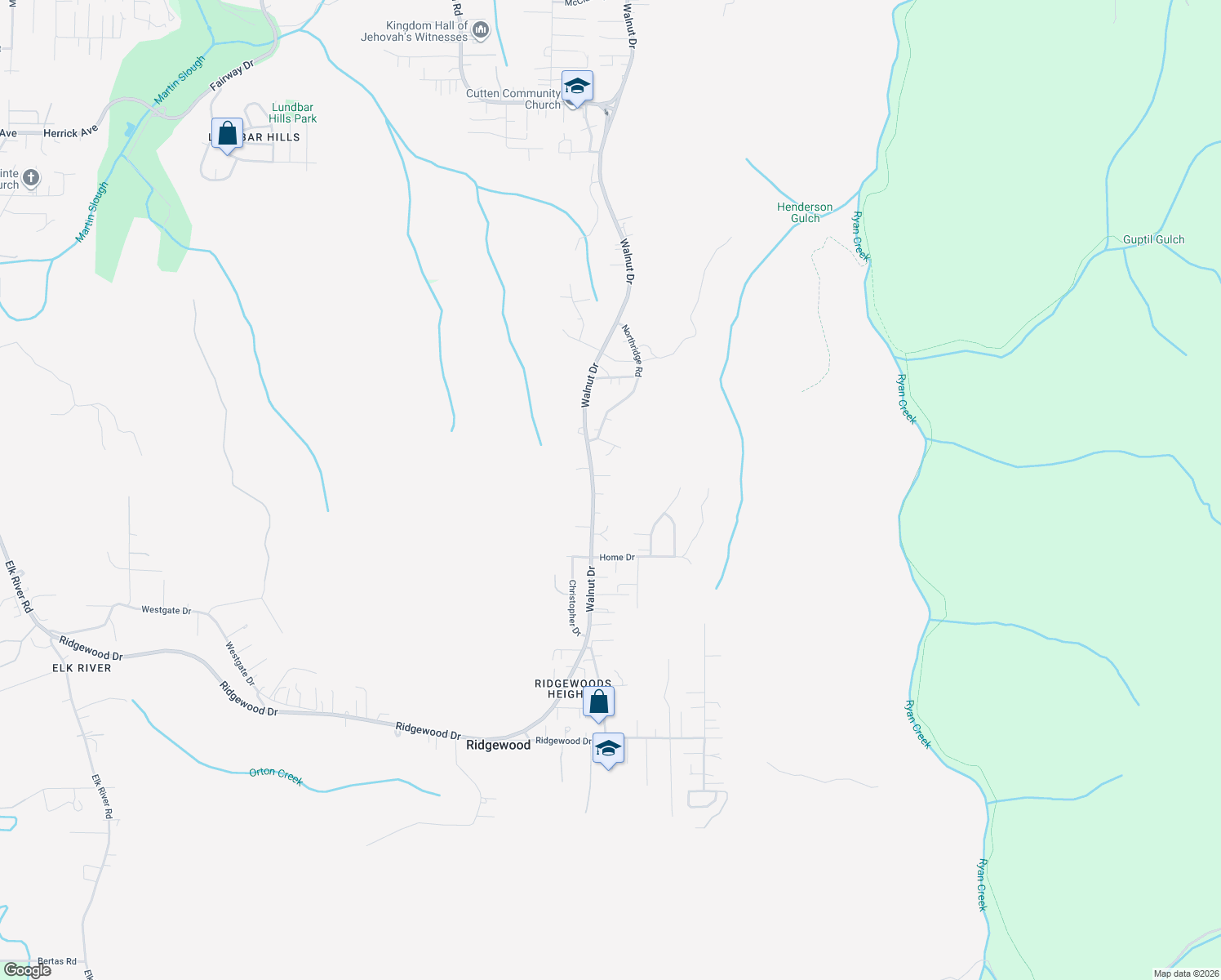 map of restaurants, bars, coffee shops, grocery stores, and more near 2155 Woodcrest Court in Eureka