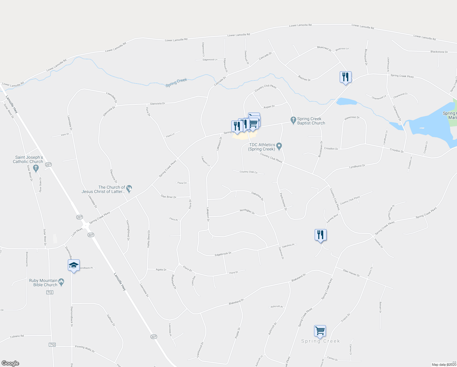 map of restaurants, bars, coffee shops, grocery stores, and more near 322 Oakshire Lane in Spring Creek