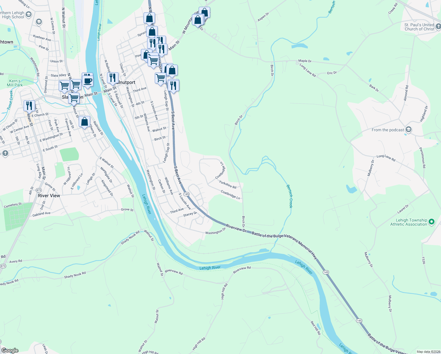 map of restaurants, bars, coffee shops, grocery stores, and more near 4951 Coatbridge Lane in Walnutport