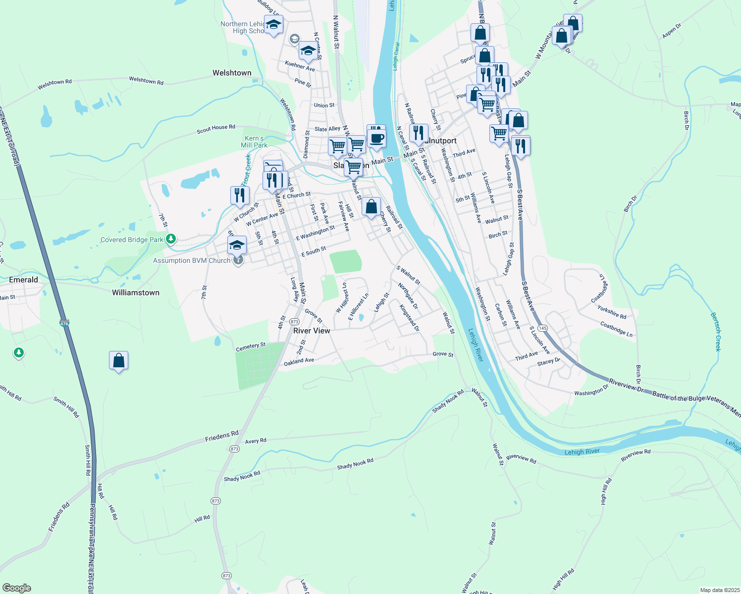 map of restaurants, bars, coffee shops, grocery stores, and more near 7353 East Hillcrest Lane in Slatington