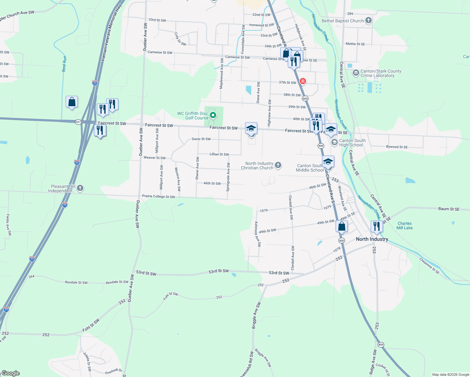 map of restaurants, bars, coffee shops, grocery stores, and more near 814 46th Street Southwest in Canton