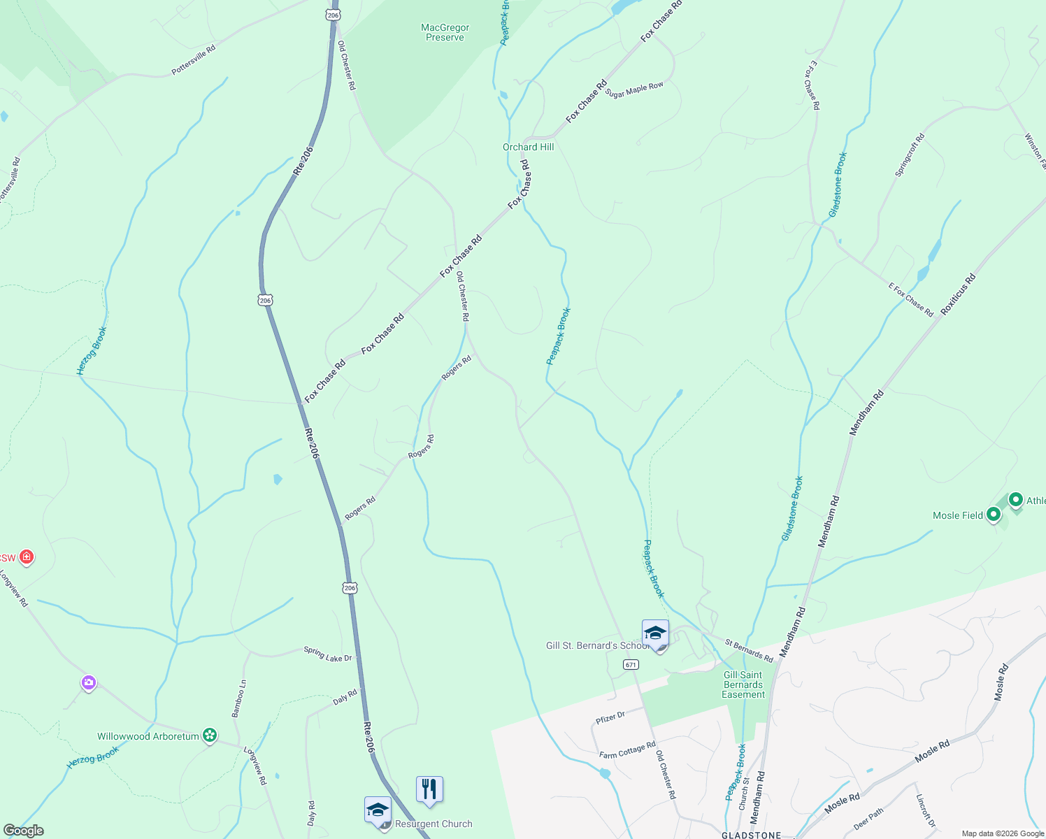 map of restaurants, bars, coffee shops, grocery stores, and more near 941 Old Chester Road in Far Hills