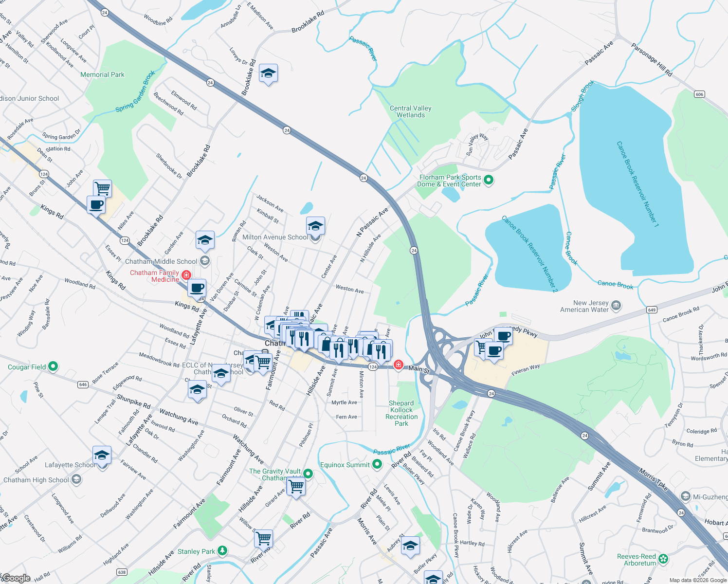 map of restaurants, bars, coffee shops, grocery stores, and more near 10 Weston Avenue in Chatham