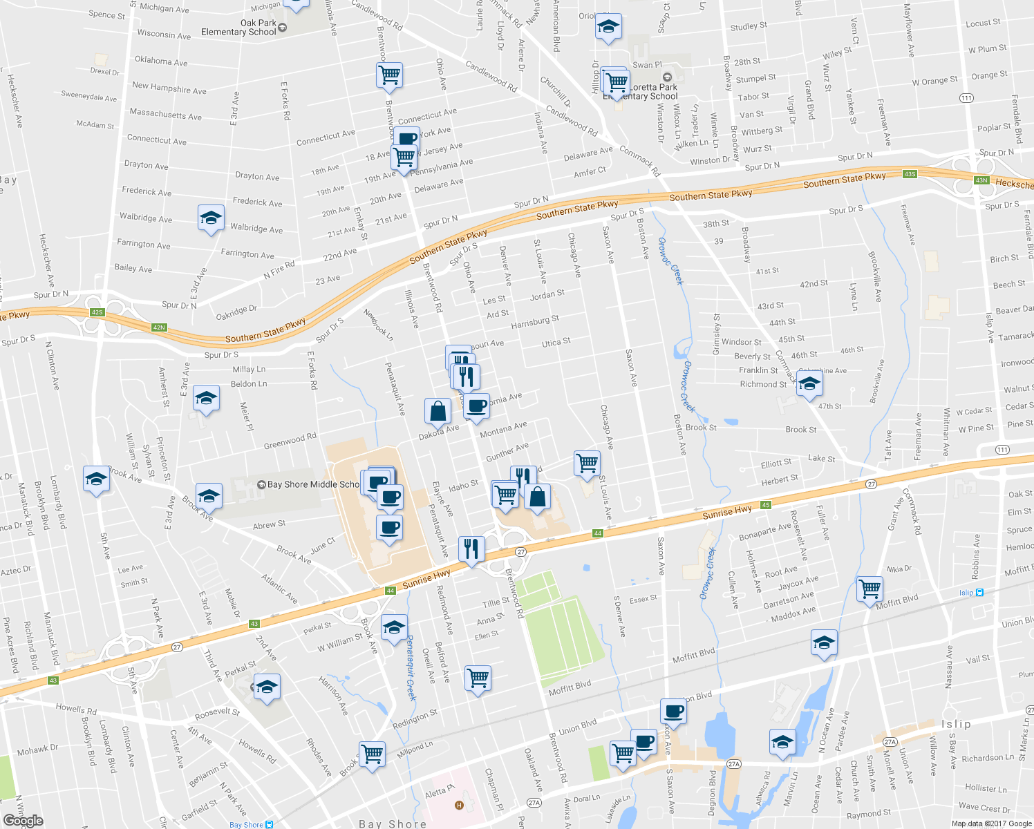 map of restaurants, bars, coffee shops, grocery stores, and more near 128 Junard Drive in Bay Shore