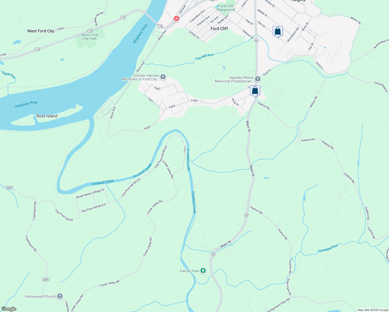 map of restaurants, bars, coffee shops, grocery stores, and more near 285 Scout Run Road in Ford City