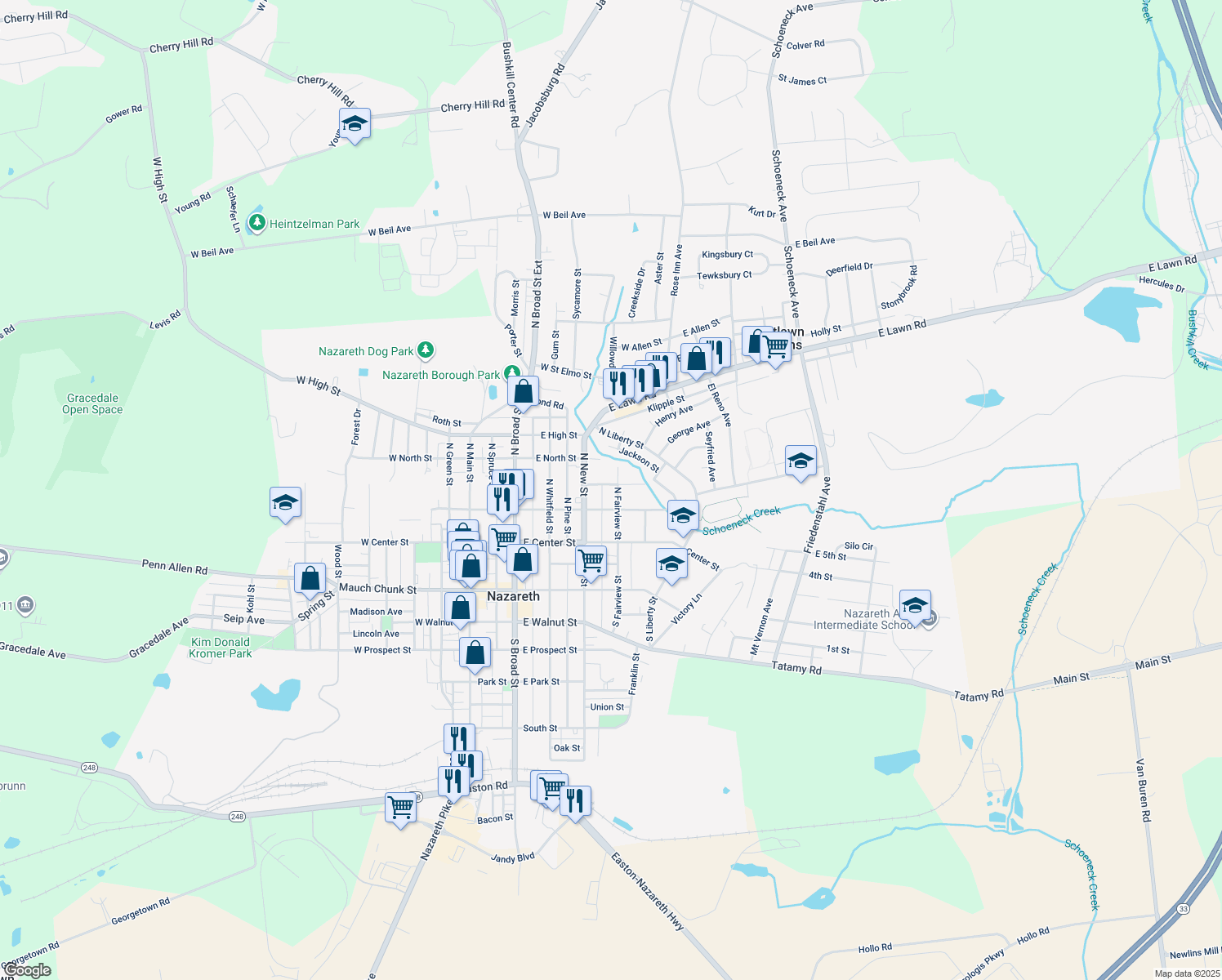 map of restaurants, bars, coffee shops, grocery stores, and more near 133 North Fairview Street in Nazareth