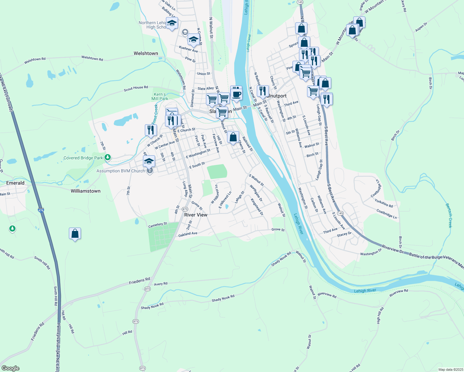 map of restaurants, bars, coffee shops, grocery stores, and more near 7381 East Hillcrest Lane in Slatington