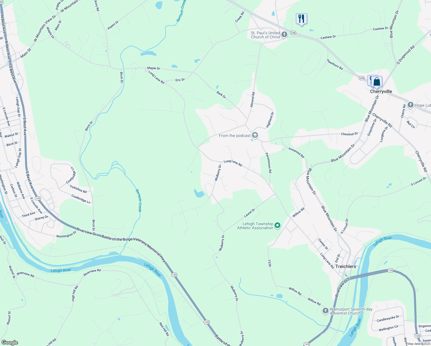 map of restaurants, bars, coffee shops, grocery stores, and more near 4562 Barbara Lane in Walnutport