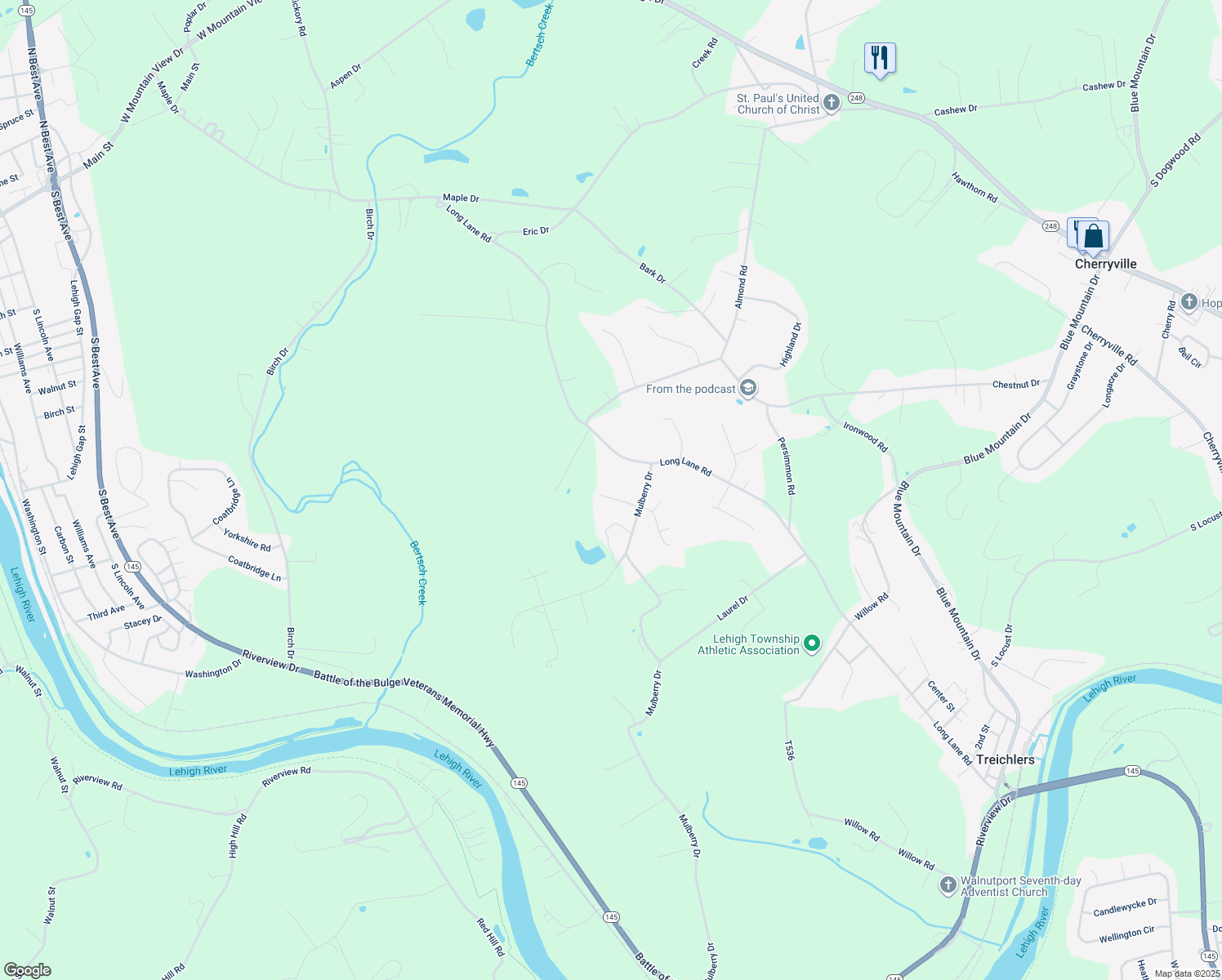 map of restaurants, bars, coffee shops, grocery stores, and more near 4578 Barbara Lane in Walnutport
