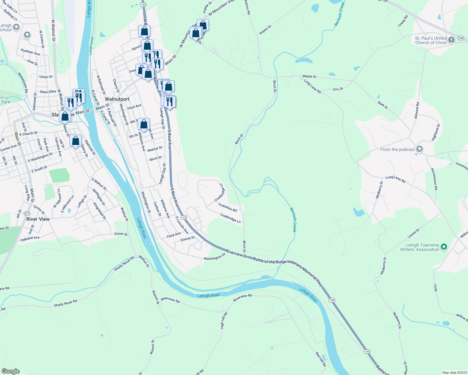 map of restaurants, bars, coffee shops, grocery stores, and more near 540 Birch Drive in Walnutport