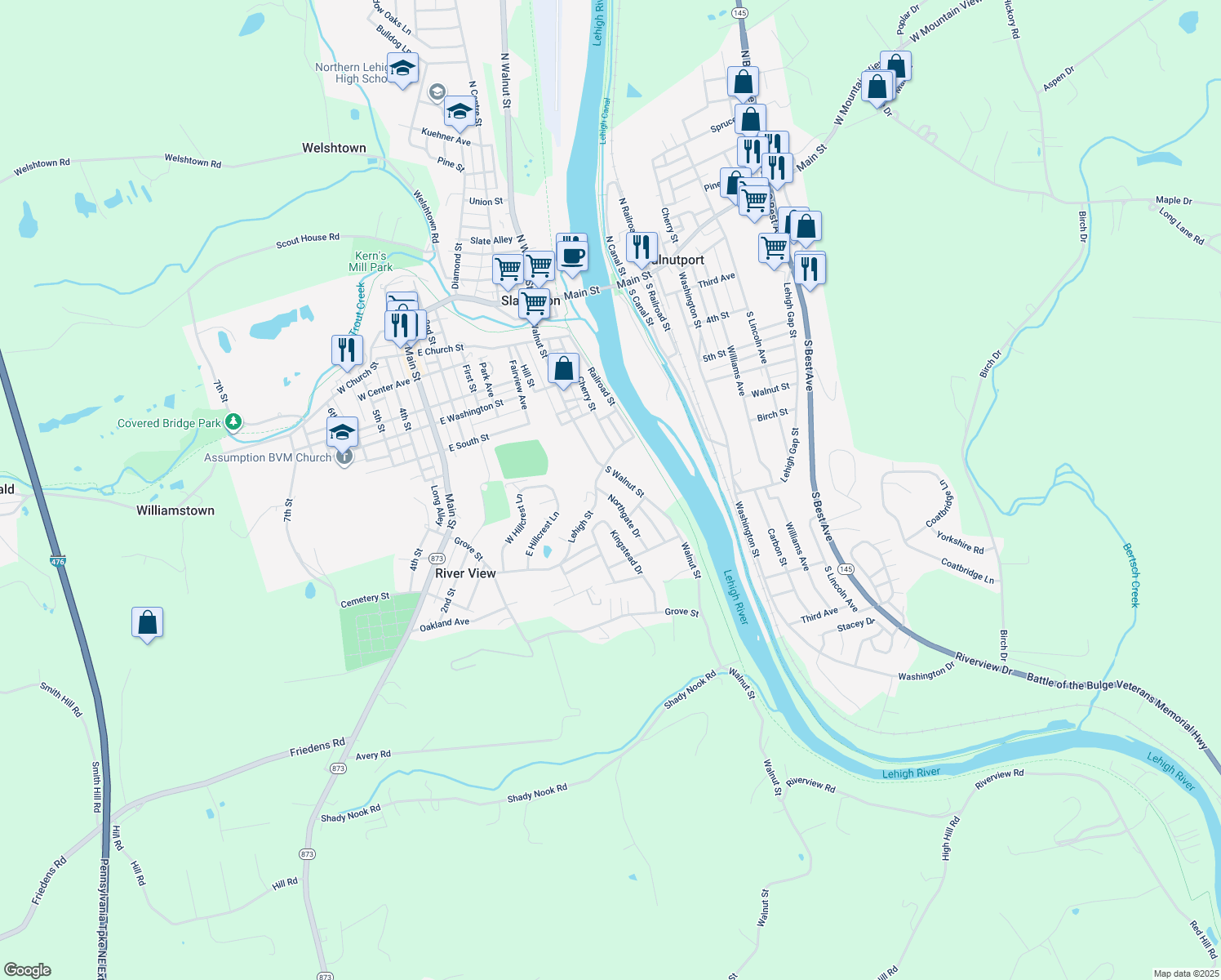 map of restaurants, bars, coffee shops, grocery stores, and more near 7325 Northgate Dr in Slatington