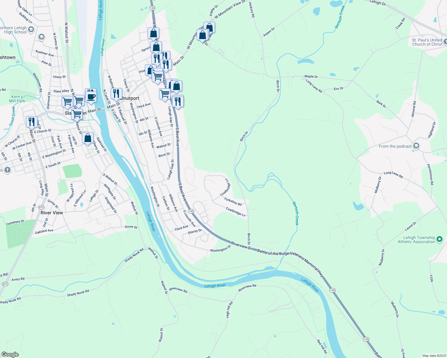 map of restaurants, bars, coffee shops, grocery stores, and more near 4924 Coatbridge Lane in Walnutport