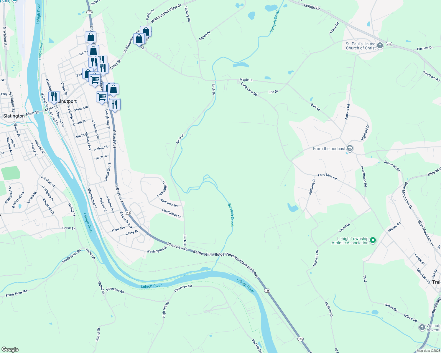 map of restaurants, bars, coffee shops, grocery stores, and more near 540 Birch Drive in Walnutport