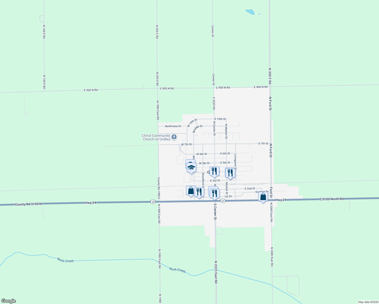 map of restaurants, bars, coffee shops, grocery stores, and more near 306 W 6th St in Gridley