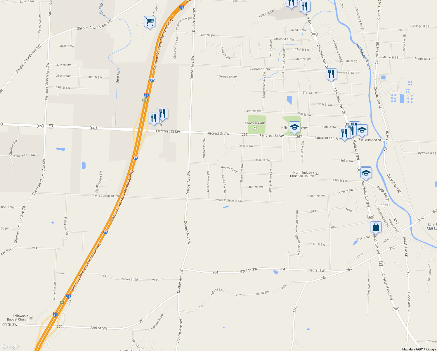 map of restaurants, bars, coffee shops, grocery stores, and more near 4511 Monica Avenue Southwest in Canton