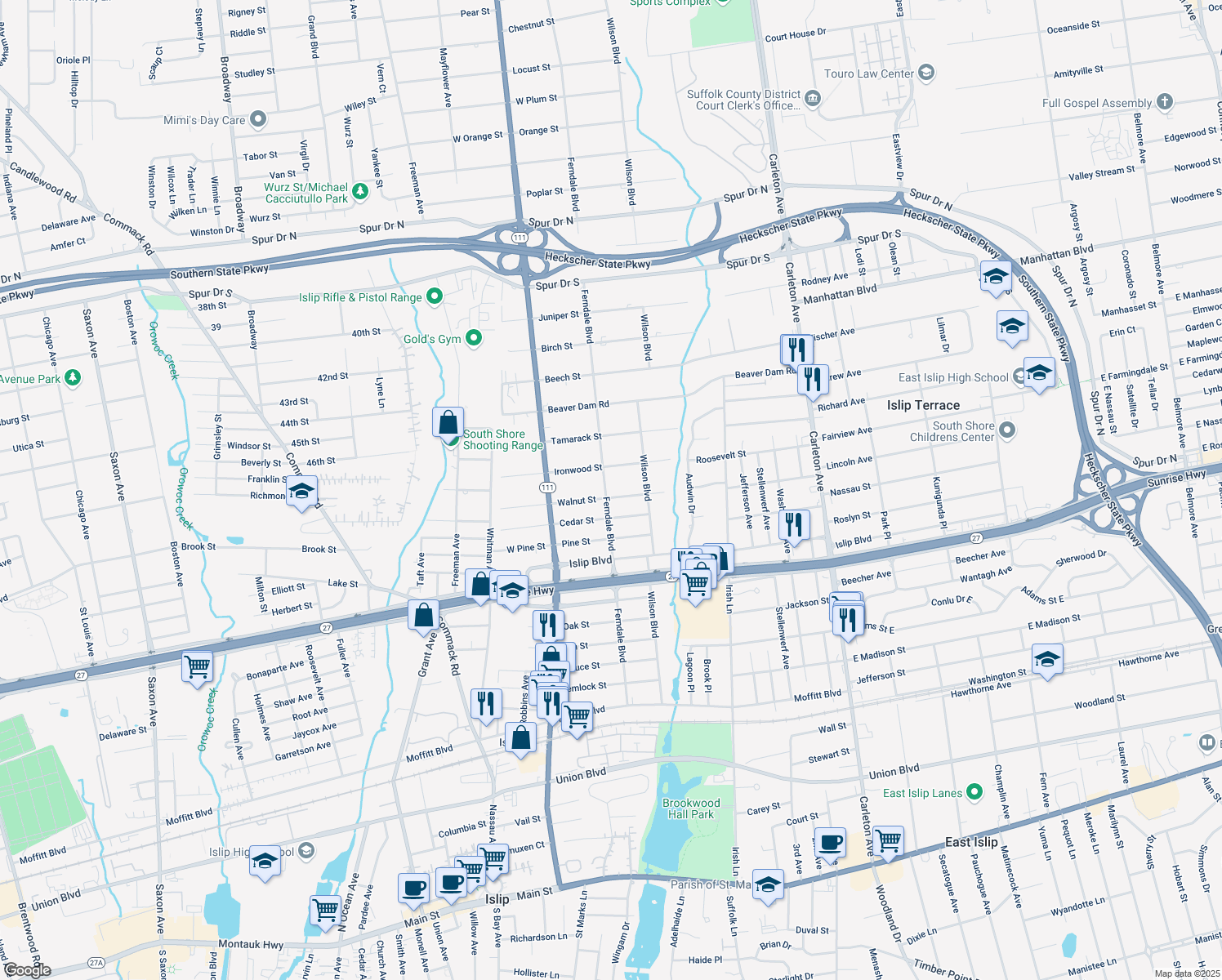 map of restaurants, bars, coffee shops, grocery stores, and more near 241 Ferndale Boulevard in Islip