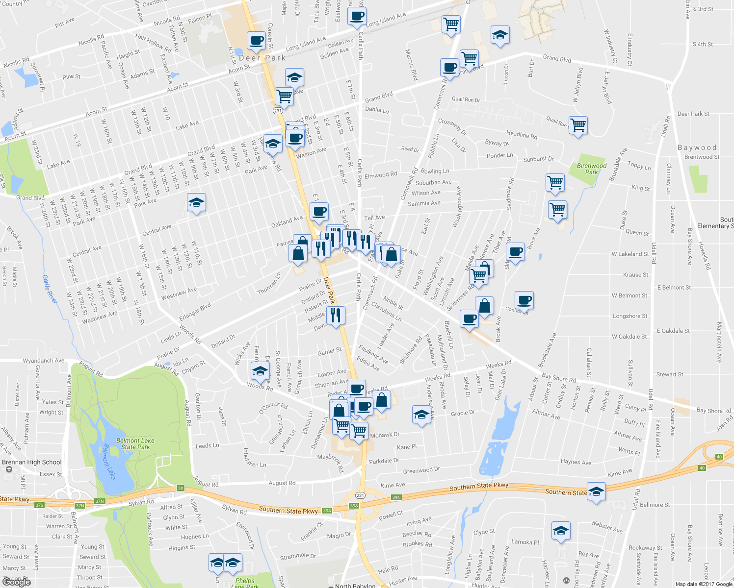 map of restaurants, bars, coffee shops, grocery stores, and more near 98 Commack Road in North Babylon