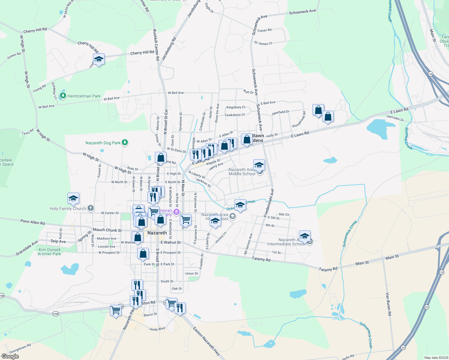map of restaurants, bars, coffee shops, grocery stores, and more near 46 Charles Avenue in Nazareth